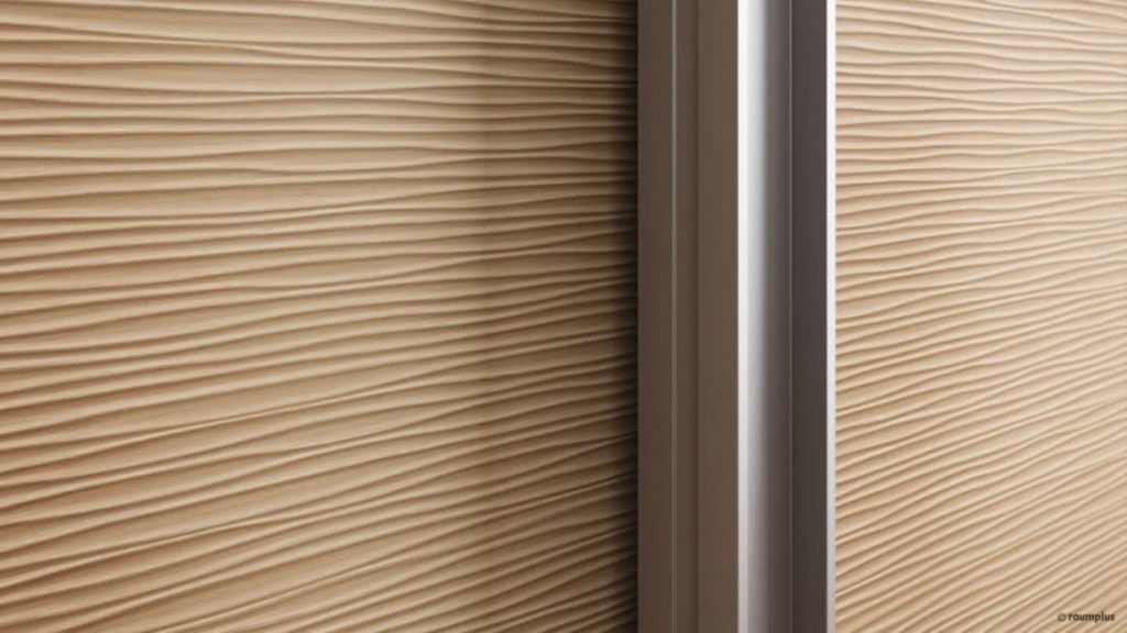 Serie: S3000 /
Profil: Silber eloxiert /
Füllung	Oben: Floatglas Matelac Pure White | Mitte: Stoff Kvadrat Plot 533 | Unten: Furnier „Wave“ Alpi-Eiche Hell Quer /
Innensystem: Legno, Oberfläche, Urban Structures Fabric Sand